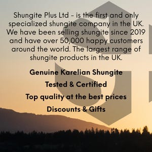 May include: Text on a sunset background reads "Shungite Plus Ltd - is the first and only specialized shungite company in the UK. We have been selling shungite since 2019 and have over 50,000 happy customers around the world. The largest range of shungite products in the UK. Genuine Karelian Shungite Tested & Certified Top quality at the best prices Discounts & Gifts"