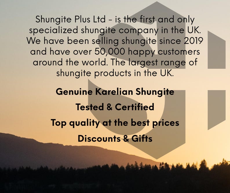 May include: Text on a sunset background reads "Shungite Plus Ltd - is the first and only specialized shungite company in the UK. We have been selling shungite since 2019 and have over 50,000 happy customers around the world. The largest range of shungite products in the UK. Genuine Karelian Shungite Tested & Certified Top quality at the best prices Discounts & Gifts"