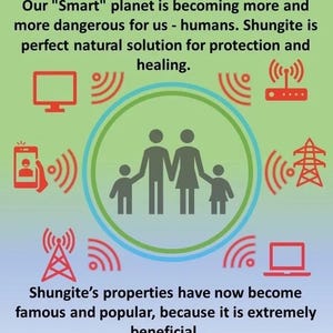 May include: Illustration of a family standing in the center of a circle with red, green, and blue rings. The rings have wifi symbols around them. The family is surrounded by various devices emitting wifi signals, including a cell phone, a laptop, a desktop computer, a router, and a power line.