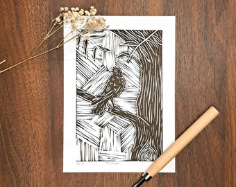Blackbird in Tree Linocut Print Handcrafted Avian Wall Decor Rustic Nature Illustration Unique Bird Lover's Gift Wildlife Home Decoration