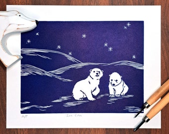 Polar Bear Cubs in Snow Linocut Print Arctic Wildlife Art Handcrafted Lino Block Wildlife Nursery Decor Snowy Bear Cubs Wall Art