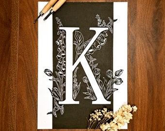 Letter K Floral Linocut Print Botanical Typography Art Personalized Initial Wall Decor Nature-Inspired Home Decoration Rustic Custom Flower
