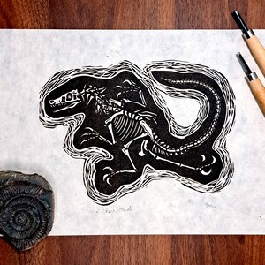 Raptor Fossil Linocut Print Dinosaur Skeleton Wall Art Palaeontology Block Art Unique Prehistoric Fossil Enthusiast Jurassic Home Decor
