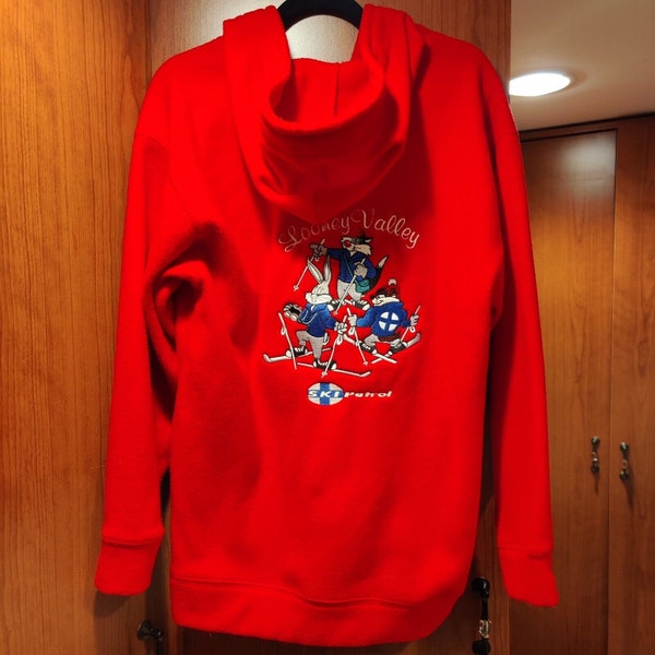 Vtg Embroidered Acme Clothing Looney Tunes Sweatshirt Hoodie Bugs Bunny Ski XS, Fleece Vintage Hoodie Red Women Men Teens
