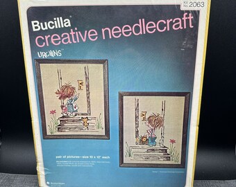 Bucilla Crewel Embroidery Kit Children Flowers Cat #2063 w/ 2 Frames 10"x12" Vtg Vintage Embroidery Wall Art. Childs Room/Nursery Decor