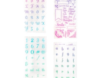 Craft Smart set of 4 Clear Stamp Sheets , Script alphabet stamp, Number stamps, Journaling stamps, Scrapbook stamps, Card making stamps