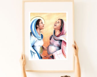Impresión de acuarela de la Visitación de María e Isabel, regalo de Navidad, decoración católica para el hogar, futura madre