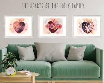 Watercolor Hearts of the Holy Family set, Catholic art, Catholic gifts, Catholic home decor, Sacred art, set of 3 prints