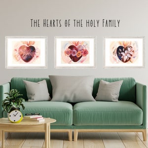 Watercolor Hearts of the Holy Family set, Catholic art, Catholic gifts, Catholic home decor, Sacred art, set of 3 prints