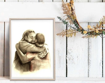 Jesus hugging man, First day in Heaven, Catholic art, Catholic gift, Catholic sympathy gift, Memorial art