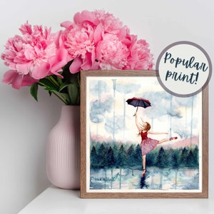 Stampa d'arte Dancing in the Rain, opera d'arte di ballerina, decorazione della camera per ragazze, acquerello ballerina, stampa Danza sotto la pioggia, ballerina di acquerello