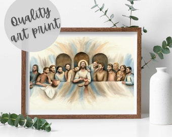 May include: A watercolor painting depicting the Last Supper. Jesus is seated at the center of the table with his disciples surrounding him. The painting is framed in a brown wooden frame.