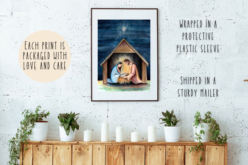 Watercolor Nativity art print, Vintage Catholic art, Catholic gifts, Catholic decor, Advent decor, Holy Family art image 5