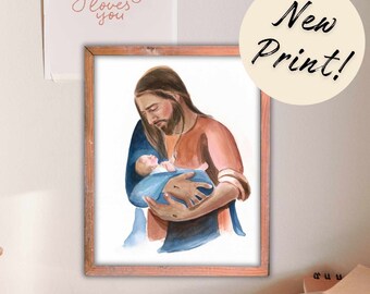 Jesus holding infant watercolor painting, Nursery Decor, Sacred art, Catholic art, Catholic Baptism gift, Miscarriage gift, loss of child