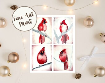 Watercolor cardinals fine art print, Four red cardinals painting, Christmas gifts, Sympathy gifts, Bird wall art, Christmas cardinals