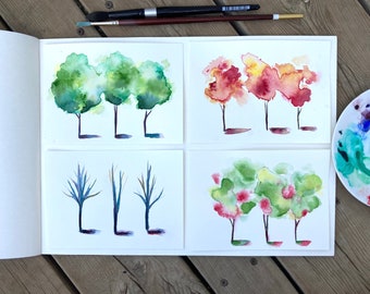 Set of 4 Watercolor Tree prints, Modern tree prints, Original watercolor seasons prints, unique seasonal home botanical decor, four seasons