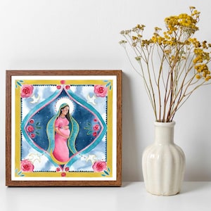 Our Lady of Guadalupe watercolor print, Vintage Catholic Art, Catholic gift, Advent decor, Catholic Christmas gift, Religious Folk art