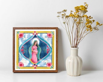 Our Lady of Guadalupe watercolor print, Vintage Catholic Art, Catholic gift, Advent decor, Catholic Christmas gift, Religious Folk art