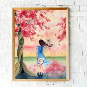 Illustrazione dell'albero di fiori di ciliegio, ragazza giapponese, stampa d'arte di alta qualità, arredamento della camera per ragazze, fiori di ciliegio, illustrazione del tramonto