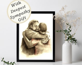 First day in Heaven art, Catholic sympathy gift, Catholic art, Catholic gift, Jesus hugging man painting, Memorial art, Gift for loss