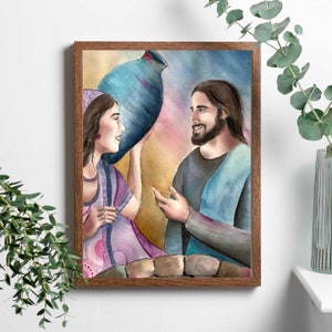 Afdrukken De vrouw bij de bron, Jezus en de Samaritaanse vrouw, katholieke kunst, katholieke geschenken, katholieke vastenkunst, heilige kunst, bijbelse kunst