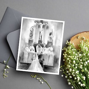 Impresión de boda de acuarela en blanco y negro de estilo vintage católico, regalo de aniversario católico, regalos católicos, regalo de Navidad católico
