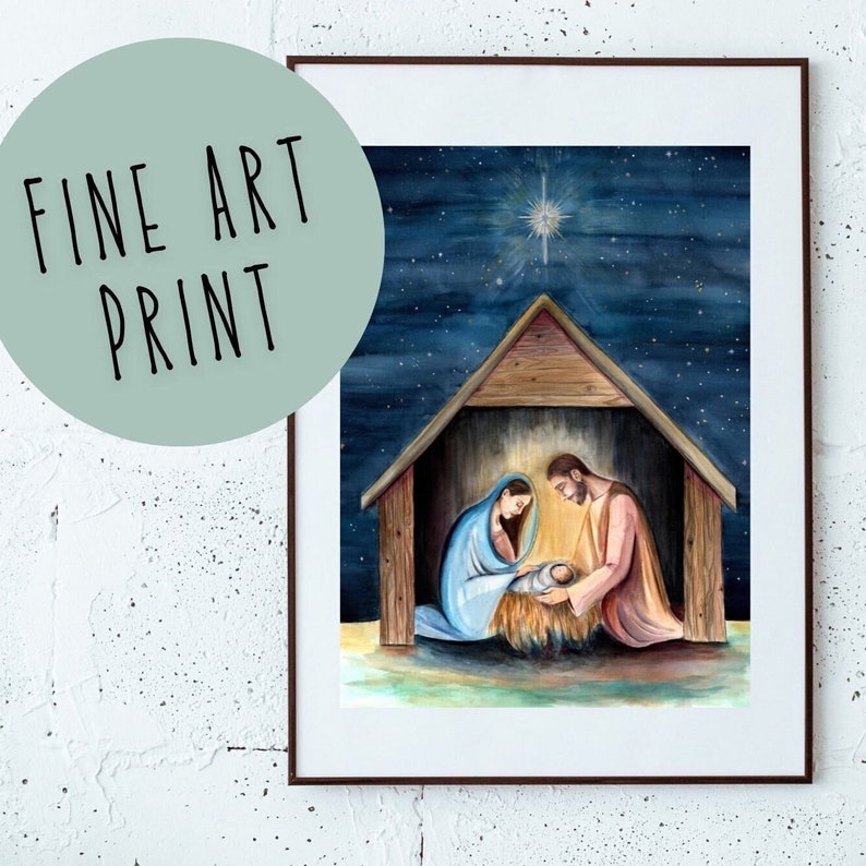 Watercolor Nativity art print, Vintage Catholic art, Catholic gifts, Catholic decor, Advent decor, Holy Family art image 1