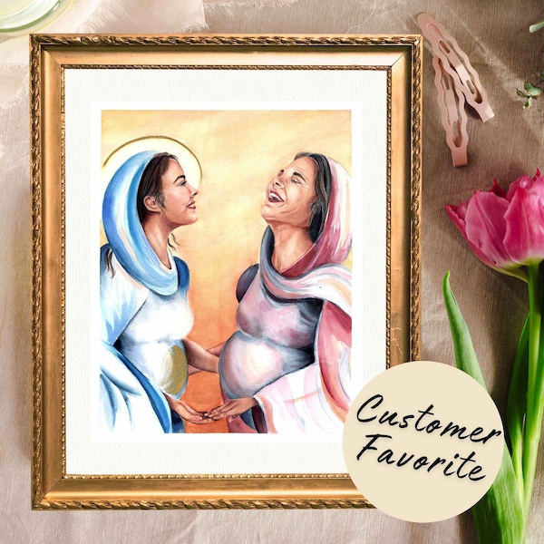 The Visitation watercolor art print, Mother's Day Gift, Catholic home decor, Mary and Elizabeth print, Catholic gift, Expectant Mother