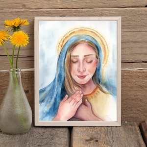 Watercolor art print of the Virgin Mary, Mother&#39;s Day Gift, Vintage Catholic Art, Catholic gift, Sacred art, Surrender Prayer