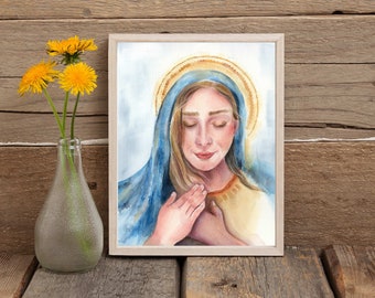 Watercolor art print of the Virgin Mary, Mother's Day Gift, Vintage Catholic Art, Catholic gift, Sacred art, Surrender Prayer