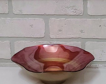 Modern Reverse Painted Bowl, Berry Pink Art Glass Dish