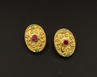 Greek earrings and ruby and green glass emerald gemstone