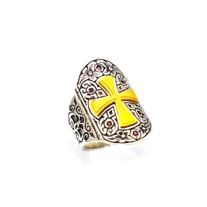 Anillo cristiano griego / Piedra preciosa de granate natural / Estilo bizantino