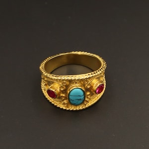 Byzantine ring with turquoise and ruby gemstone