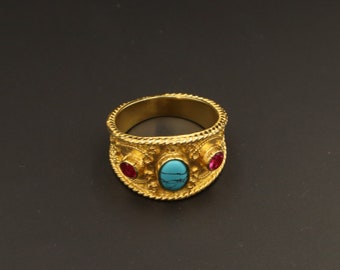Byzantine ring with turquoise and ruby gemstone