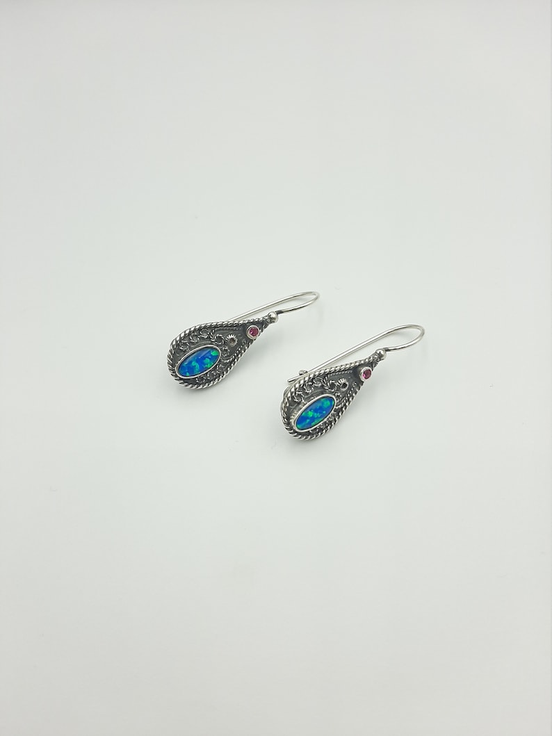 Blue Opal and Ruby gemstone art earrings with sterling silver quartz and pyrite