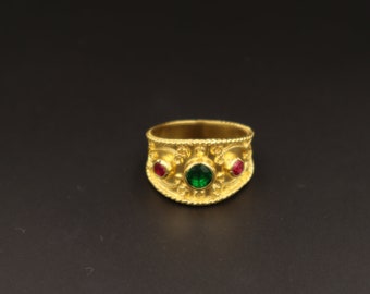 Byzantine ring | Green glass emerald and ruby gemstone | 24K gold plated