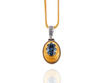 Byzantine style pendant | Aquamarine gemstone | 24K gold plated and Sterling silver 925