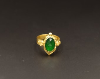 Greek ring with green glass emerald gemstone and 24K gold plated