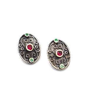 Greek earrings | Ruby and green glass emerald gemstone | Sterling silver 925