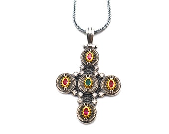 Greek style cross pendant | Green glass emerald | Ruby gemstone