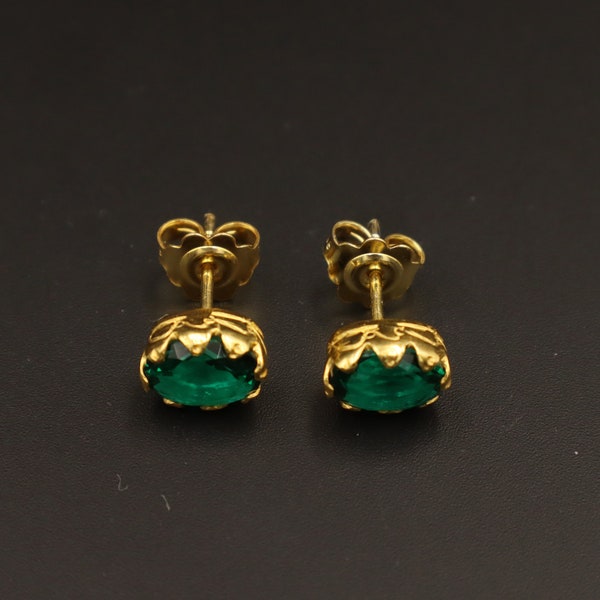 Greek stud earrings with green glass emerald gemstone