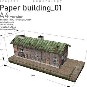 May include: A paper model of a building, labeled "Paper building_01". The model is a brick structure with a green roof, measuring approximately 10.15 x 4.13 x 3.7 inches. The text indicates it contains 8 parts and is A4 format.