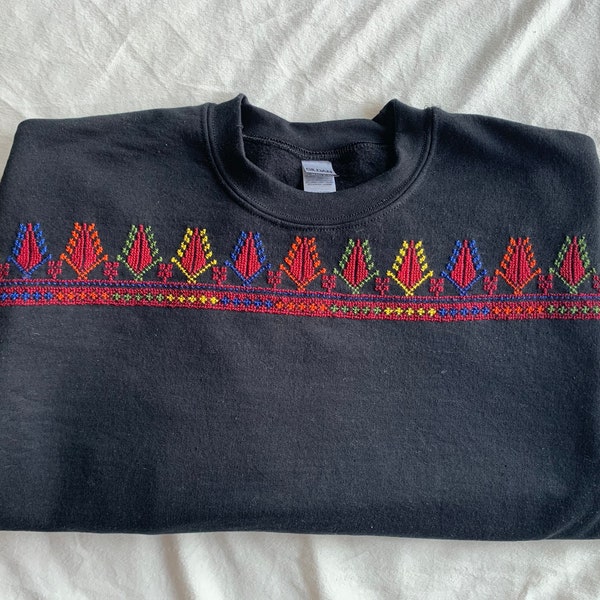 Hand stitched traditional tatreez sweater, Yusra design