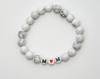 Beaded Mom Bracelet with Heart, Custom Letter Bead Bracelet,Personalized bead bracelet,White Marble Bead Bracelet,Mother's Day, Gift Idea