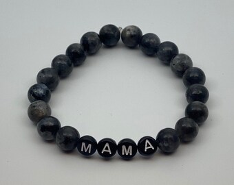 Beaded Mama Bracelet, Custom Letter Bracelet, Personalized, Name Beads, Gray & Black Labradorite Bead Bracelet, Gift for Mom, Mother's Day