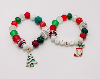 Pulsera de Navidad, Pulsera de Invierno, Pulsera Roja y Verde, Pulsera para Niños, Pulsera Festiva, Navidad, Vacaciones, Nombre Pulsera de Navidad