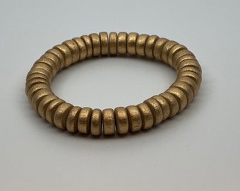 Pulsera con cuentas de madera de oro metálico, cuentas de disco de madera, pilas de pulseras, pulseras de pila de capas