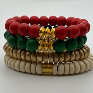 Wooden Holiday Bracelet Stack, Christmas Bracelets, Festive Beaded Bracelet Stack, Stocking Stuffers, Holiday Gift