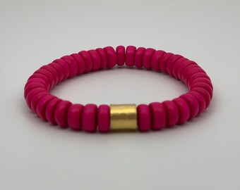 Pulsera con cuentas de madera rosa oscura, cuentas de disco de madera, pilas de pulseras, pulseras de pila de capas